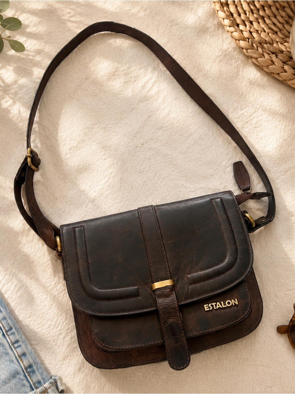 ESTALON Dark Brown Leather Sachal Bag with Adjustable Strap